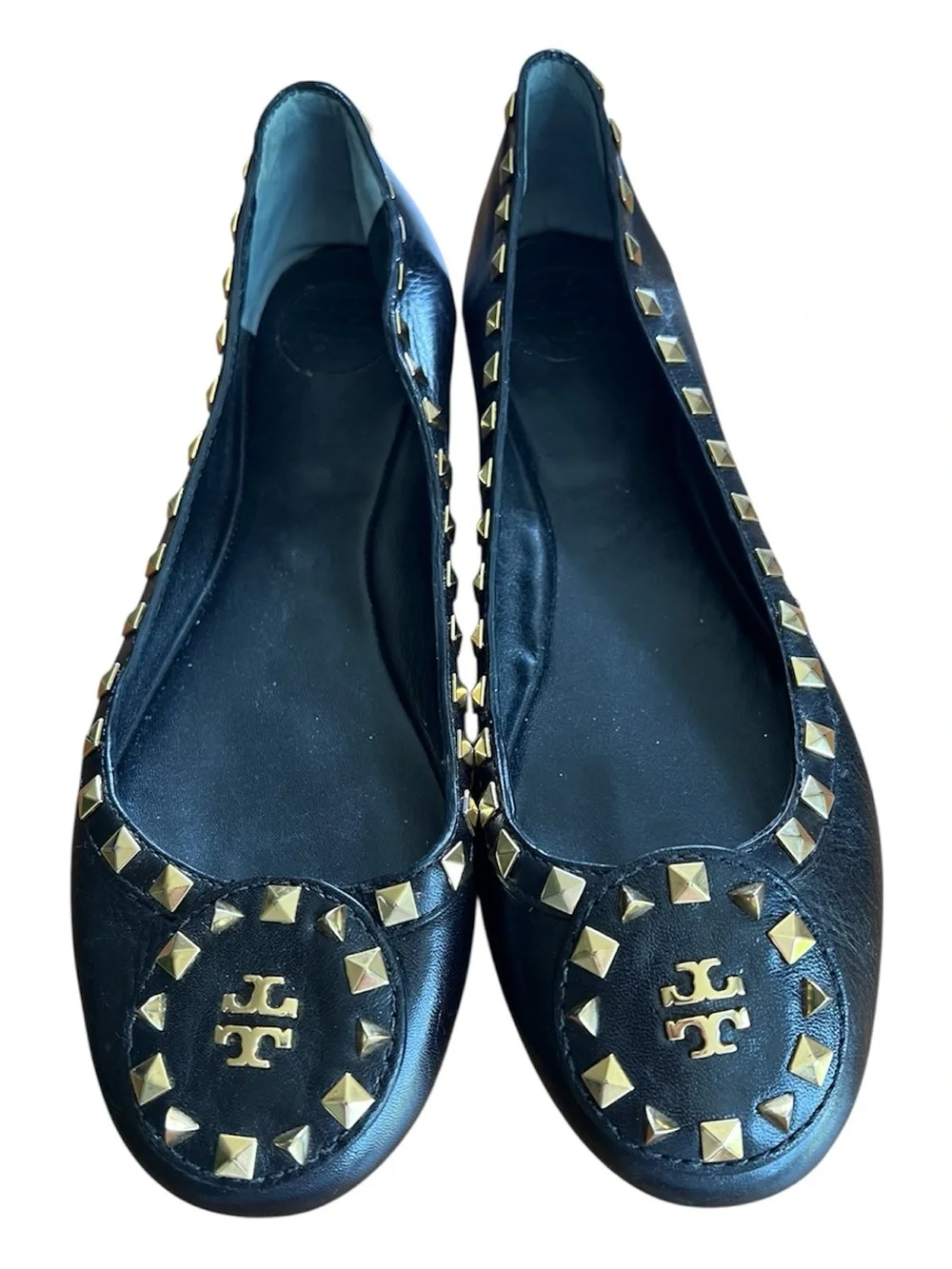 Tory Burch Dale Gold Studded Black Leather Ballet Flats Size 10